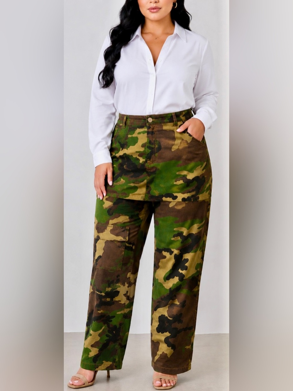 Camo HighRise Cargo Pants With Skirt Front Overlay Green Brown L New Without Tag